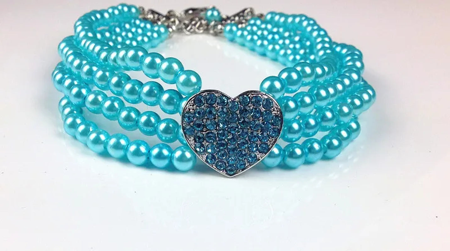 New Puppy Dog Choker Four Rows Pearls Necklace Collar Shiny Rhinestone Heart Shape Pendant Cat Collar Jewellery Pet Supplies