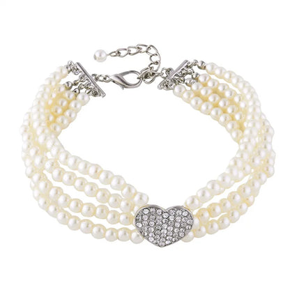 New Puppy Dog Choker Four Rows Pearls Necklace Collar Shiny Rhinestone Heart Shape Pendant Cat Collar Jewellery Pet Supplies